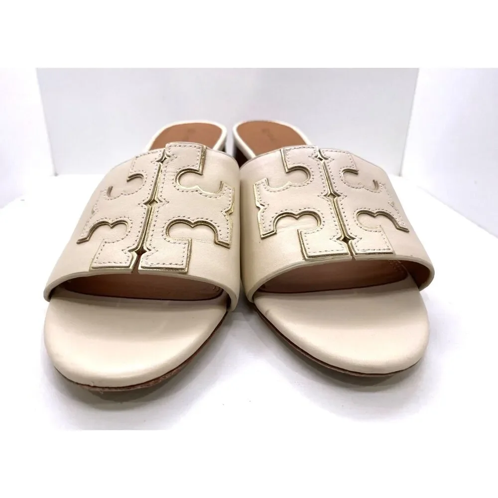 EUC Tory Burch Women's Ivory Leather Block Heel Slide Sandals Size 9M